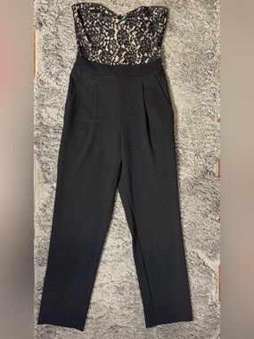 Express Black Lace Strapless Corset Jumpsuit - Nude Lining - Size 0